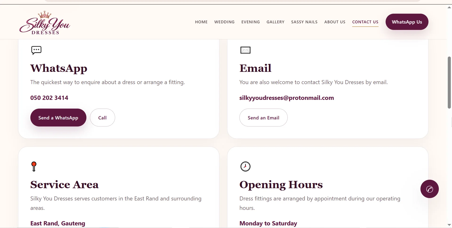 Silky You Dresses contact page showing WhatsApp and email enquiry options