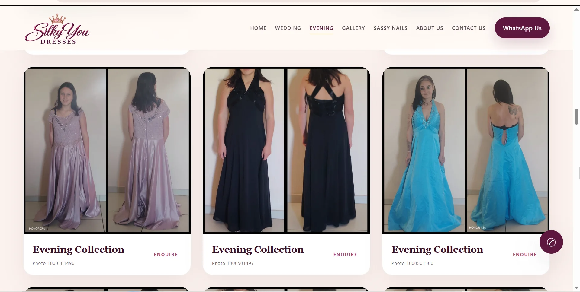 Desktop evening dress collection showing three-column gallery