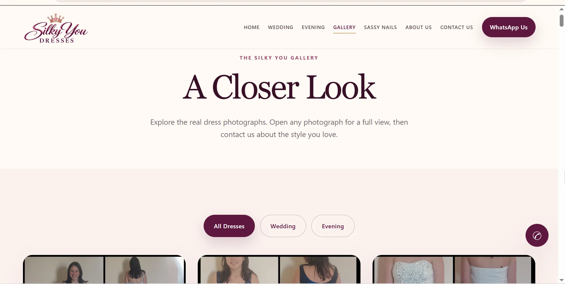 Desktop gallery with All Dresses, Wedding and Evening filters