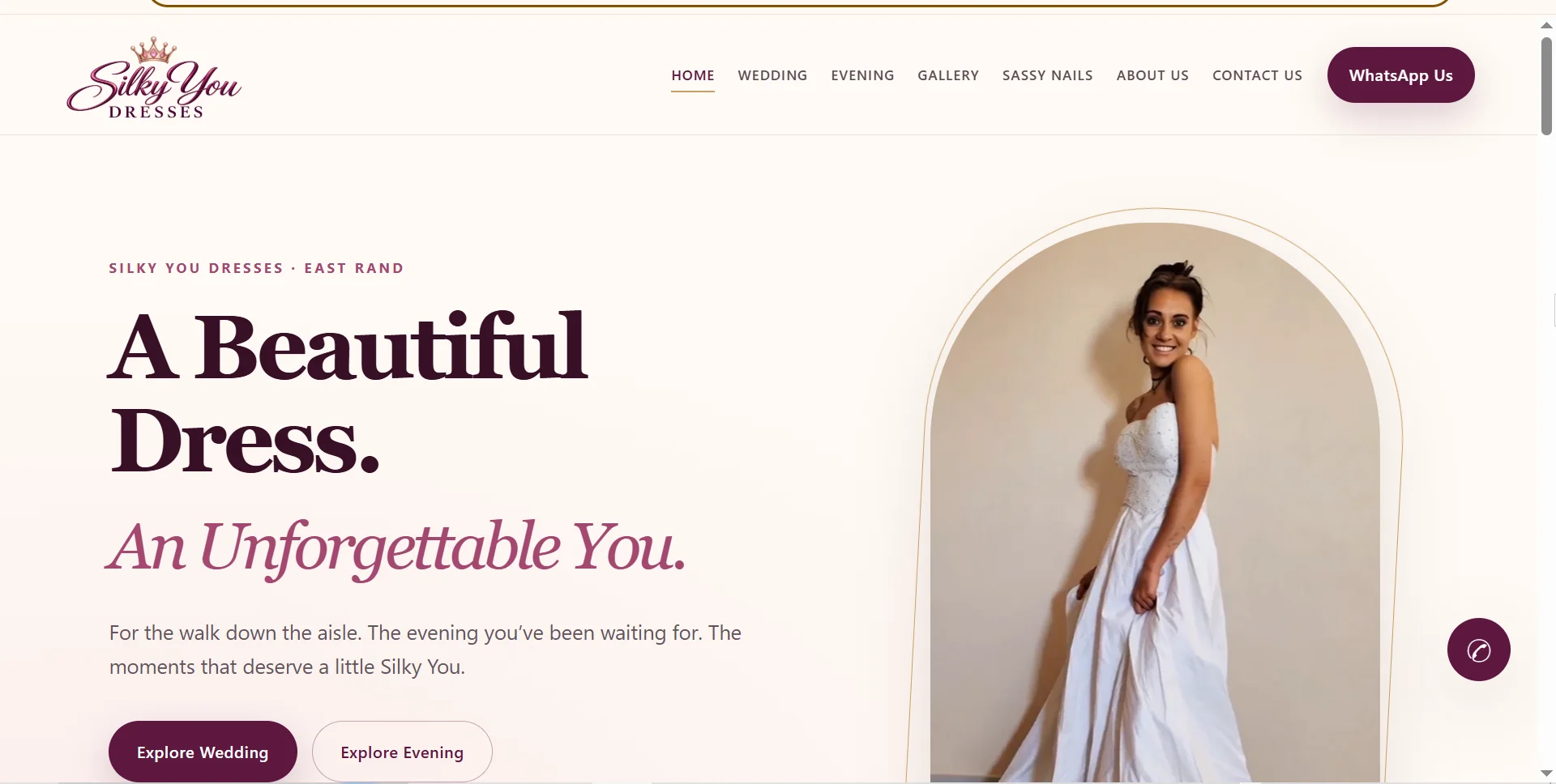 Desktop homepage showing bridal hero and website navigation