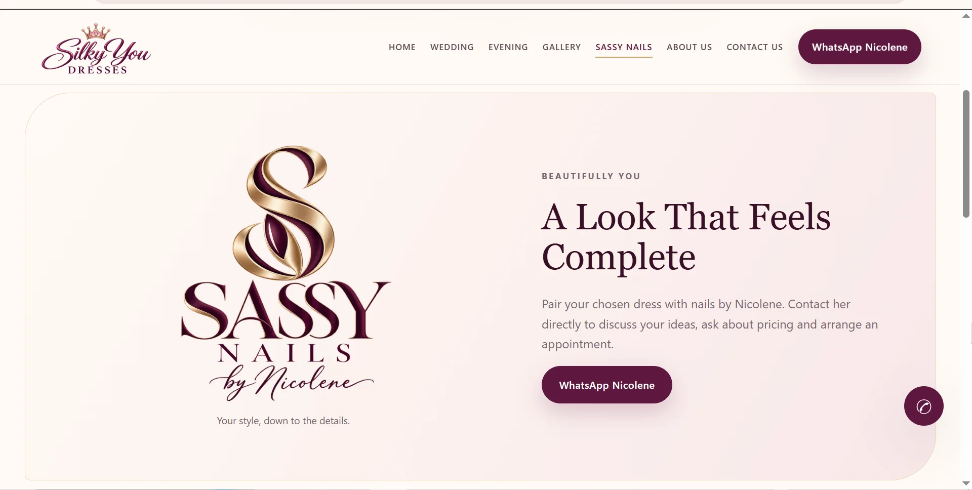 Sassy Nails by Nicolene desktop page with brand and contact panel