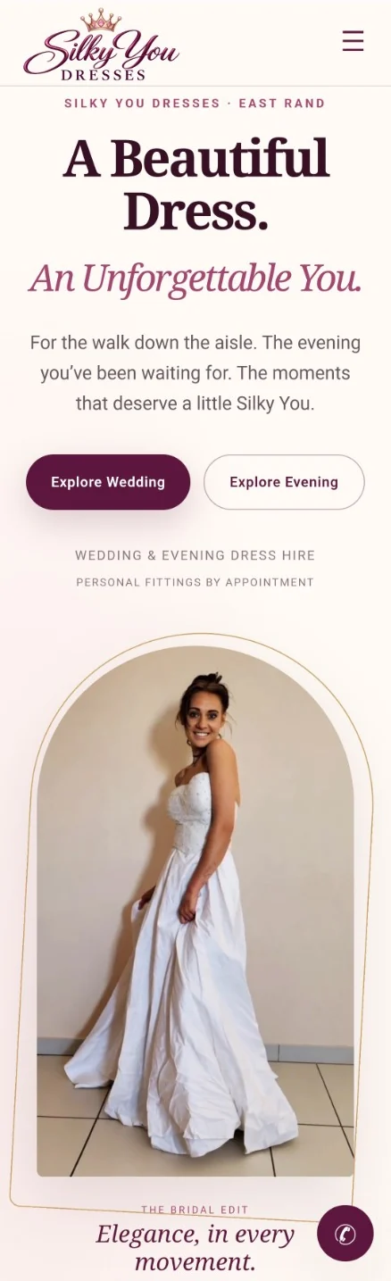 Silky You Dresses mobile homepage with bridal model and headline