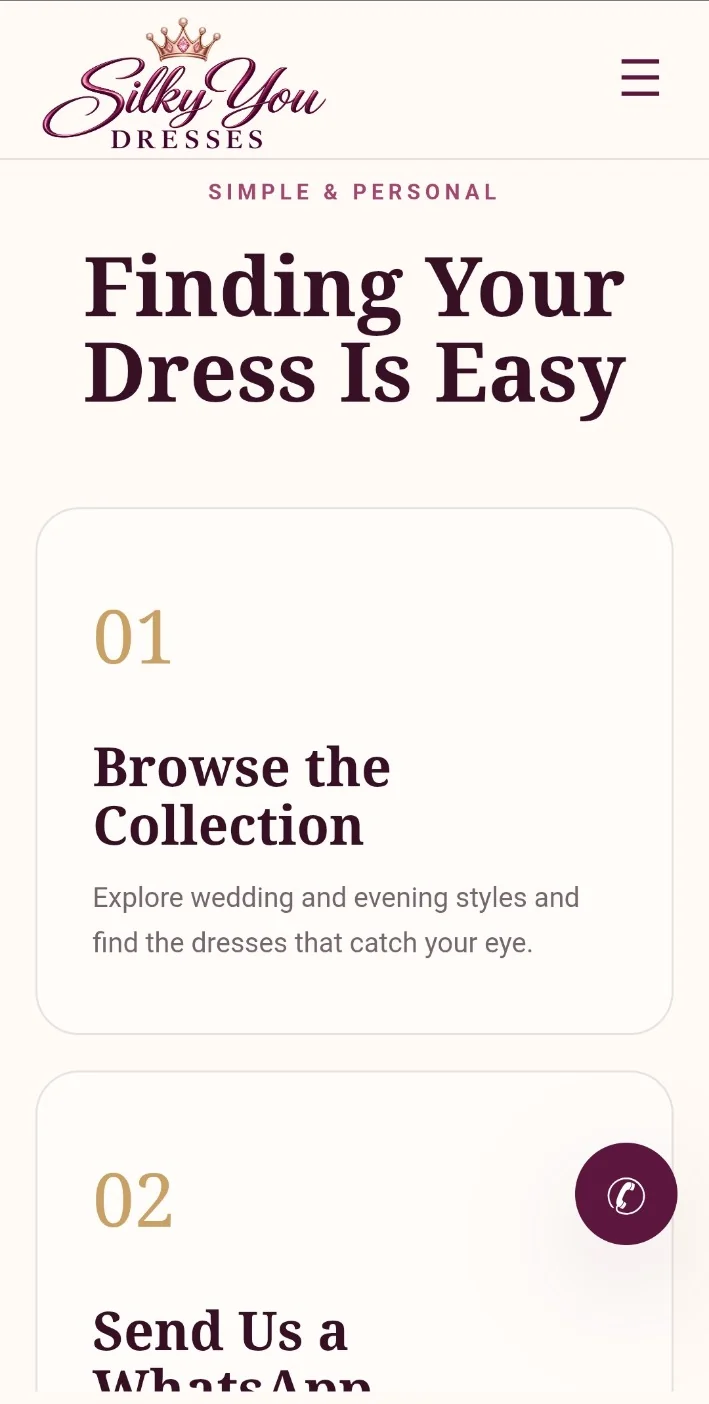 Mobile process steps explaining how to find and enquire about dresses