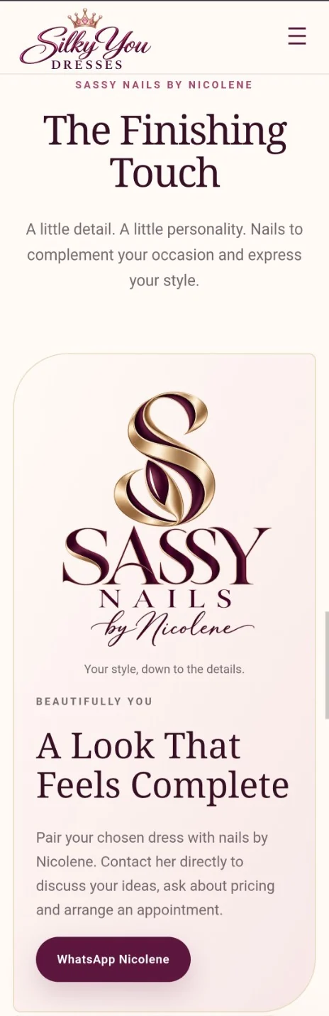 Sassy Nails by Nicolene branding and WhatsApp action on mobile