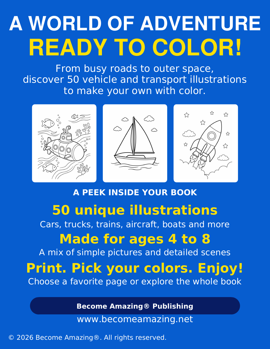 Things That Move Coloring Book preview showing three sample coloring pages and product features
